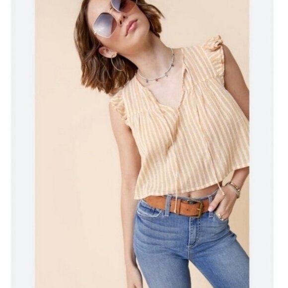 Francesca’s Mi Ami Yellow White Striped Flutter Sleeve Top Women’s Size Medium - Picture 1 of 5